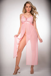 2pc Sexy Lingerie Empire Waist Laced Sheer Dress & Panty - D2206 Baby Pink