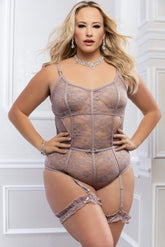 2pc Sexy Lingerie Slip-In Sheer Teddy W/ Snap Crotch & Garters - OH2426PQ - Gray Lilac