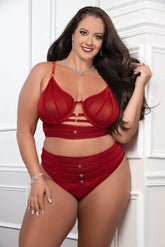 2pc Satin Straps Bra and High Waist Panty - OH2467PQ Cinnamon Red